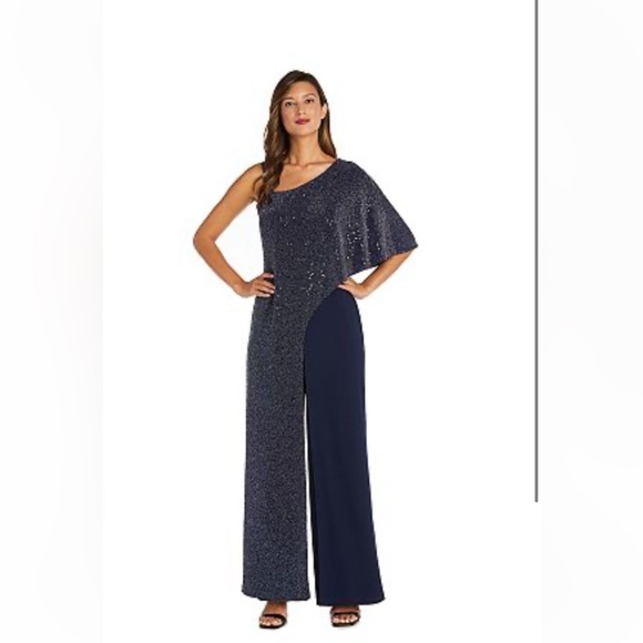 R&M Richards Pants - NWOT Women’s R&M Richards Sparkly One Shoulder Wide Legged Black Jumpsuit Size 6